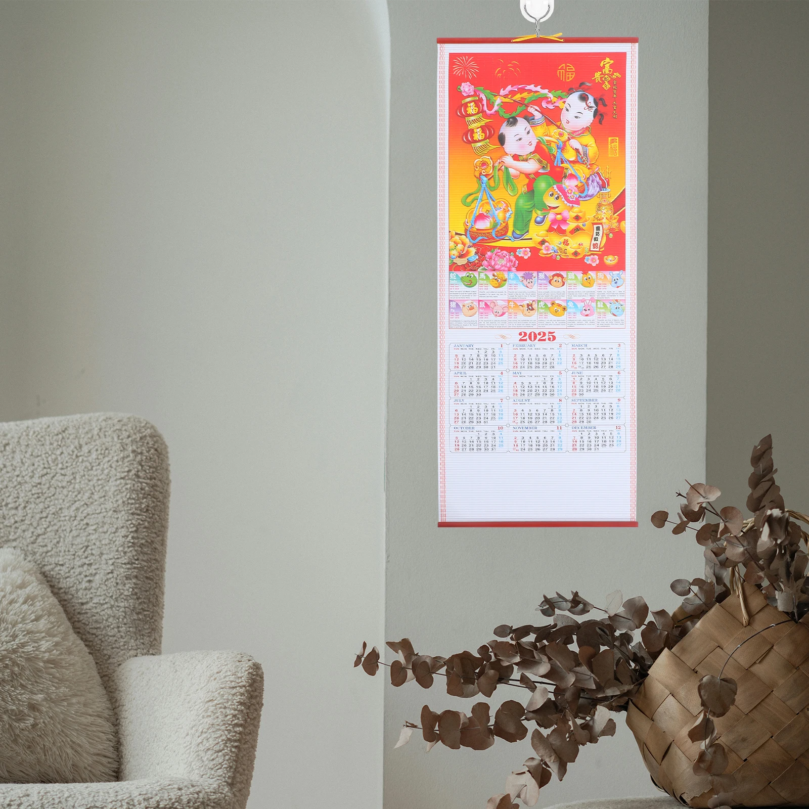 

Imitation Rattan Hanging Scroll Calendar Monthly Wall Planning Family 2025 Snake Year Clear Printed