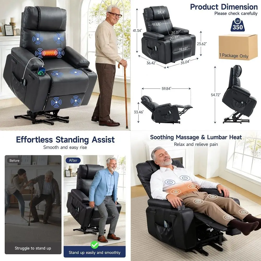 

Motor Power Lift Chair 26 Extra Wide Recliner Chair for Elderly with Headrest, Flip Arm Storage,Massage amp Heat,Oversized Lay