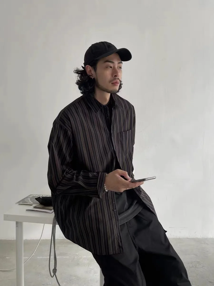

Retro Japanese Style Long Sleeve Men's Shirt Loose Casual Silhouette Black Vertical Stripes Spring Autumn Season Shirt