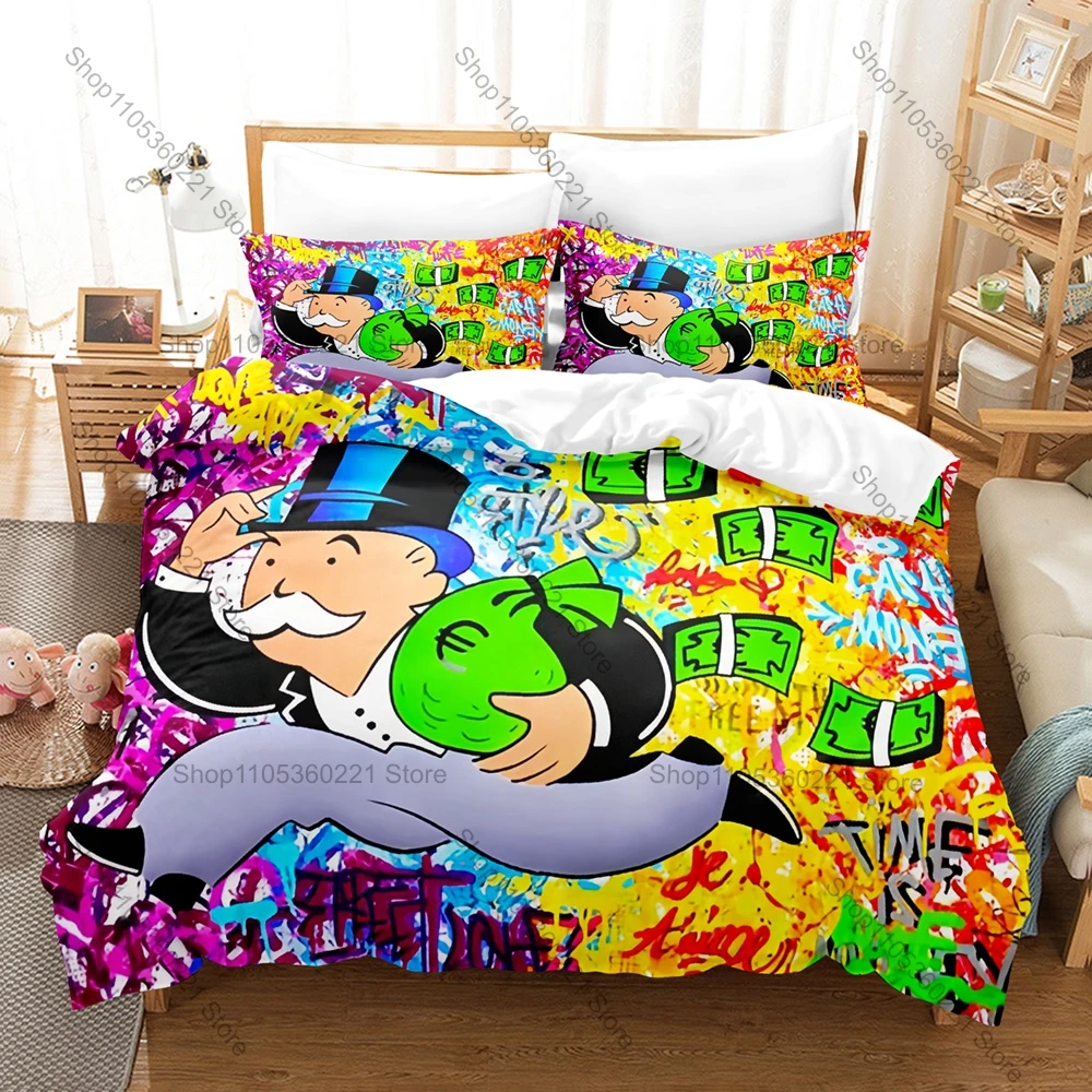 Nostalgic Retro Classic M-Monopoly Wealth Board Game Theme Duvet Cover + 2 Pillowcases Family Game Fan Bedroom Gift