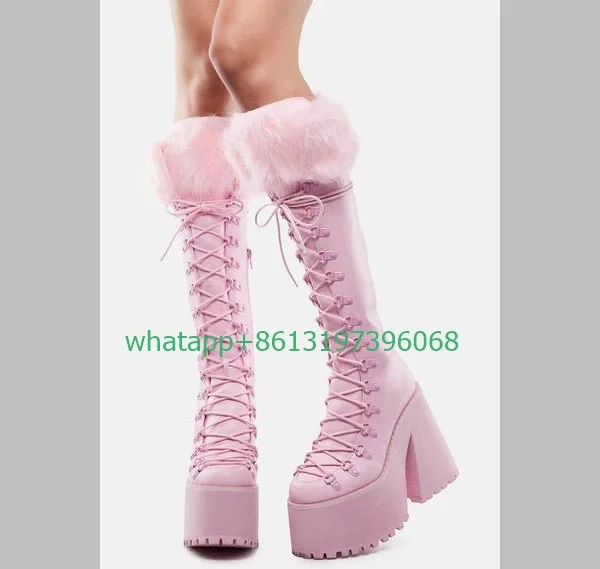 

Lady pink fur platform design Y2K style boots chunky heel lace-up knee boots feather design dance dress boots footwear size 46