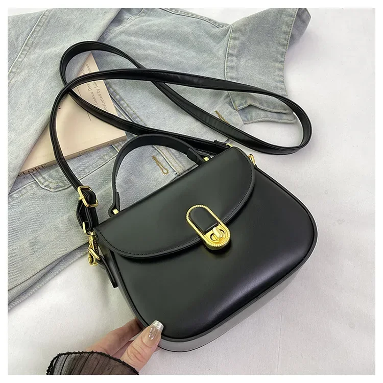 

2025 New Women's Retro Solid Color Saddle Bag with Lock - High-End Commuter, Simple, Shoulder/Messenger