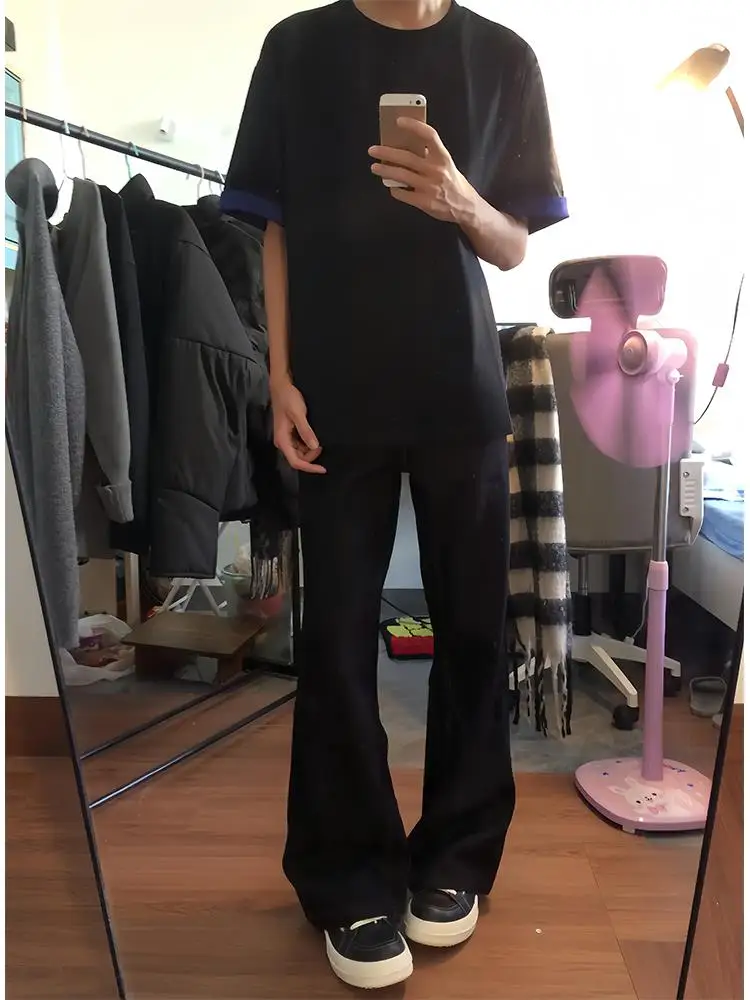 

Cleanfit Men's Summer American Vibe Black Micro Flare High Waist Slim Straight Leg Jeans Knife Casual Youth Fashion