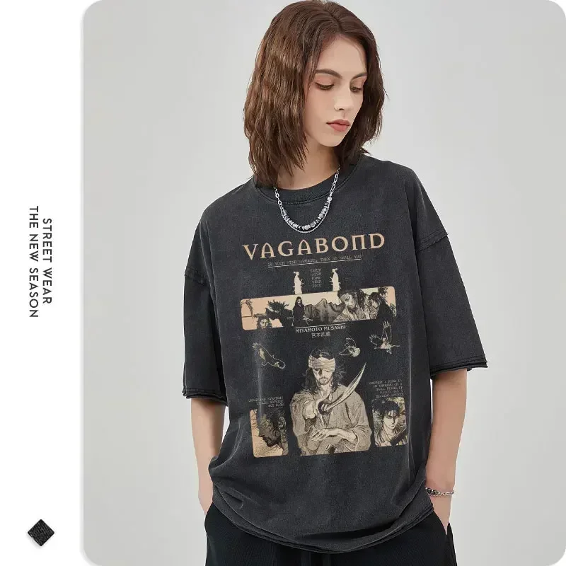 Anime Manga Vagabond T Shirt Musashi Kojirou Matahachi Vintage Washed Tops Tees Oversized Short Sleeve T-shirt Man 100% Cotton