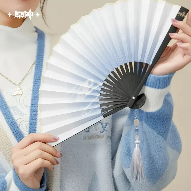 Anime Genshin Impact Ganyu Folding Fan Ancient Style Cartoon Handheld Folded Cool Cloth Fan Cosplay Costume Props Gifts