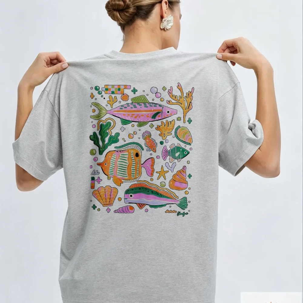 Colorful Underwater Scene Fish Coral Seashells Starfish Seaweed Tropical Pattern Crew Neck Short Sleeve High Quality Cotton Tops