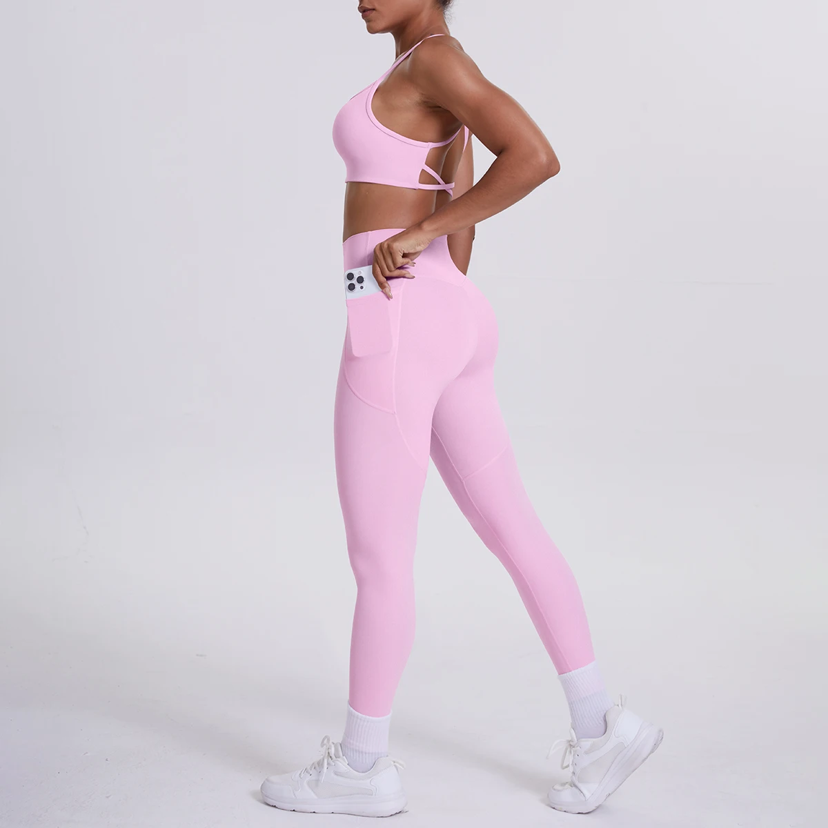 

2Pieces Fitness Stretch Bra Pants Yoga Suit Sexy Backless Cross Strap Bra Summer Workout Top High Waisted Pockets Pants Yoga Set