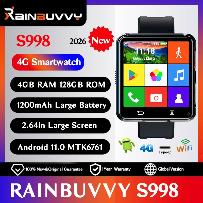Rainbuvvy S998 4G LTE Smartwatch 4GB RAM 128GB ROM Android 11.0 MTK6761 2.64