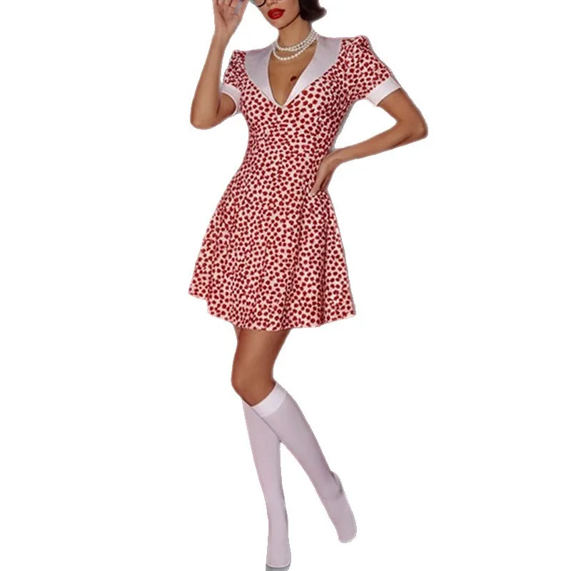 Floral Print A-Line Dresses For Women Fashion Sexy Cuty Short Sleeves V-Neck Mini Vestidos Robes Female Vintage Chic Ladies 2025