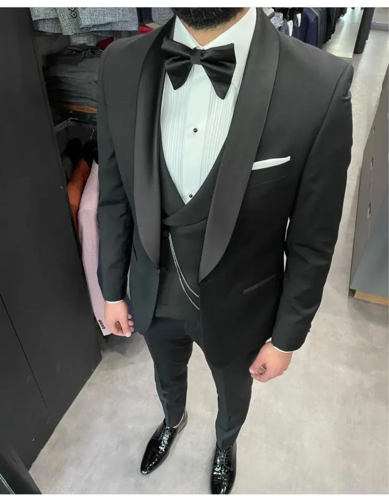 

Costume Homme Black Shawl Lapel 1 Button Slim Fit Men Suit 3 Pcs Groom Prom Wedding Blazer (Jacket+Pants+Vest) Terno Masculino