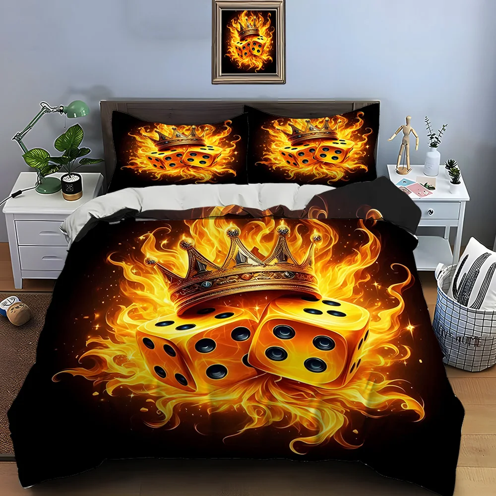 Cool Burning Dice and Crown Bedding Set for Kids Luxury Gift 3pcs Digital Print Comforter Set Soft Comfortable Breathable