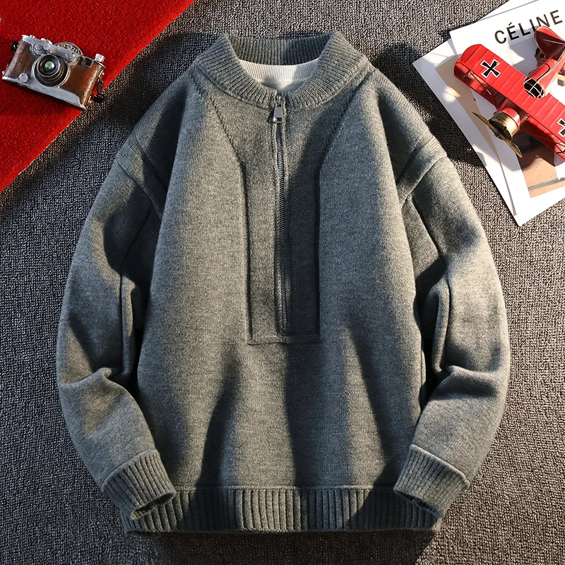 

Модный свитер на молнии, мужской вязаный свитер, однотонный пуловер с длинными рукавами, топ