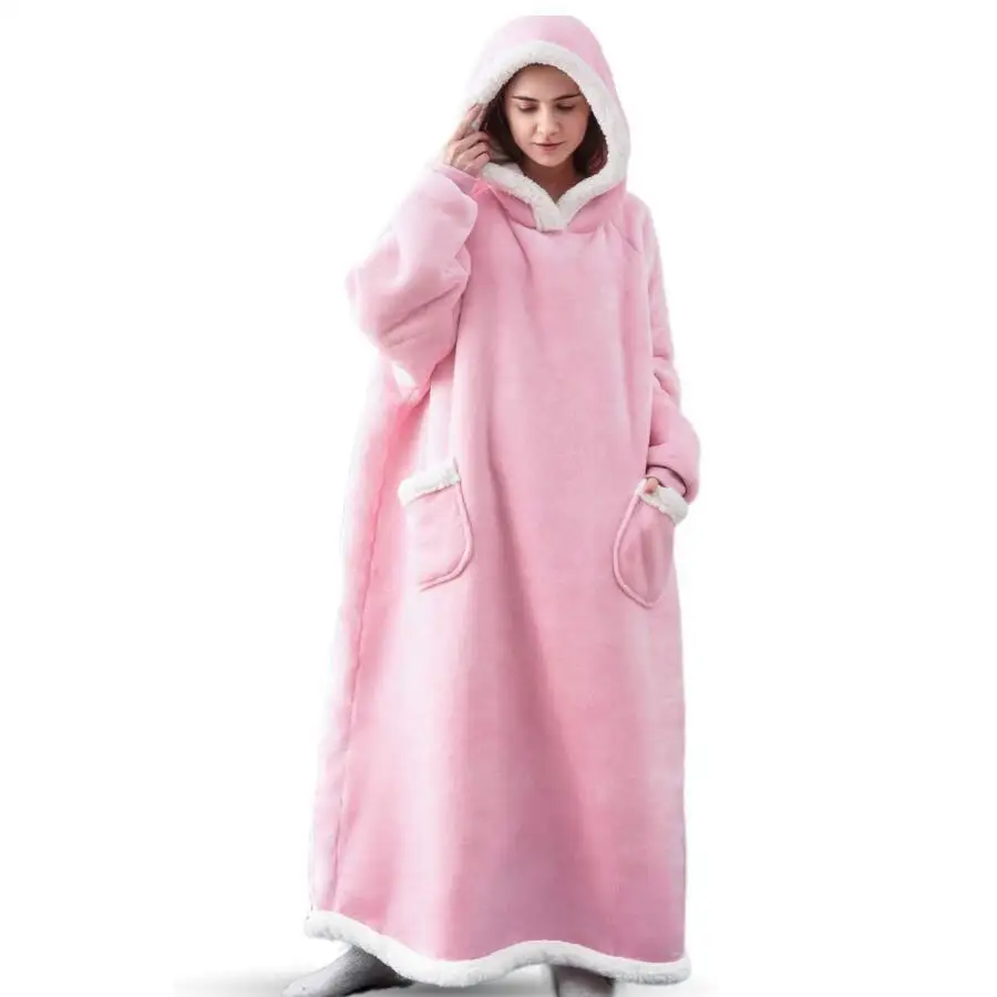 Winter Blanket Extended Vertical Pocket Fleece Lazy Blanket Flannel Lamb Wool Tv Tv Blanket Bathrobe Hooded Nightgown Casual Laz