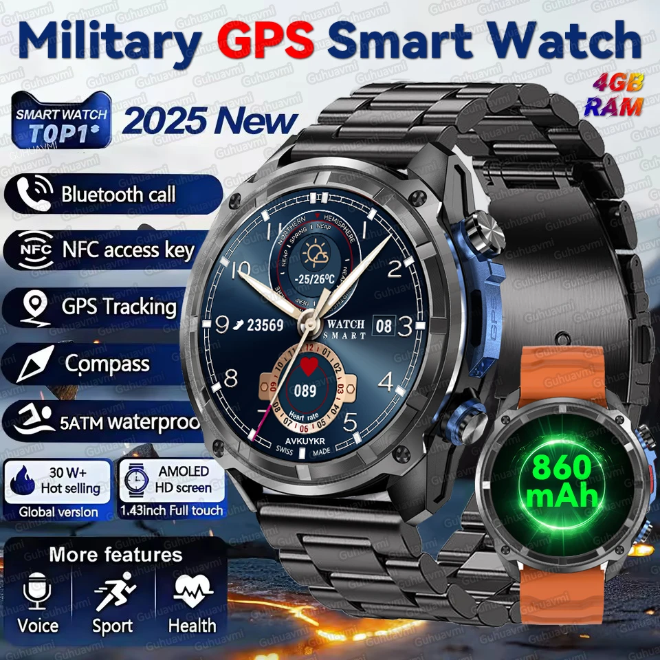 

2025 Новые GPS Смарт-часы для мужчин 1,43 дюйма AMOLED Corning Glass 860 мАч Компас 4 ГБ Память GPS Карта Bluetooth Вызовы SmartWatch Водонепроницаемые