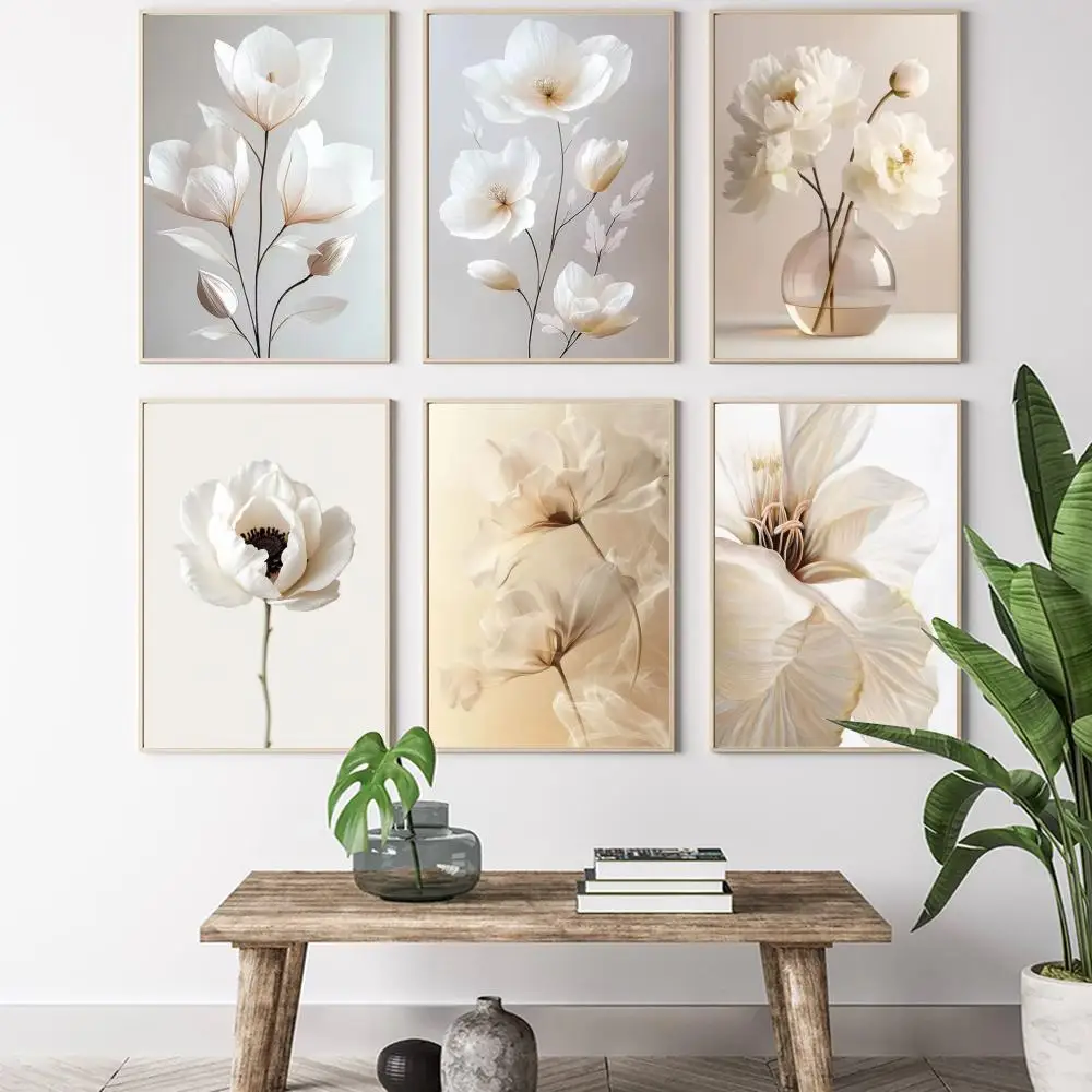 Frameless Nordic Beige Peony Flowers Painting Calligraphy HD Canvas Poster living room bedroom bar aesthetic decoration