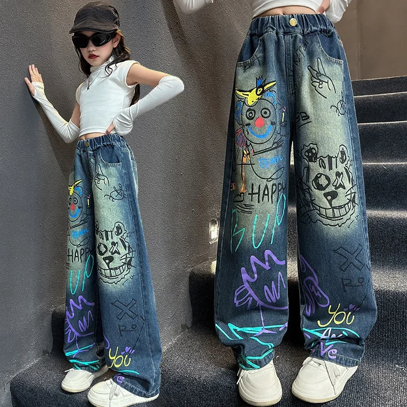 Kids Jeans for Girls Fashion Graffiti Dyeing 2024 Spring Autumn Hot Sales Teenager Unique Wide Leg Pants Korean Style Trousers