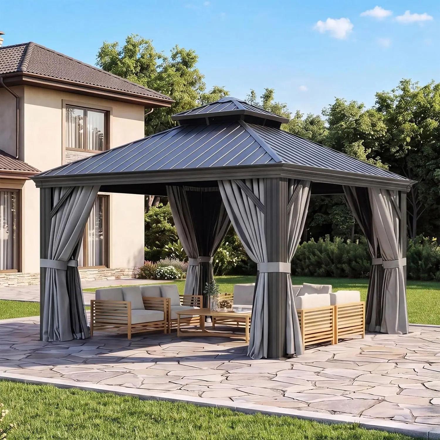 12x12ft Permanent Aluminum Hardtop Gazebo, Galvanized Steel Double Roof for Outdoor Pavilion, Custom view 2