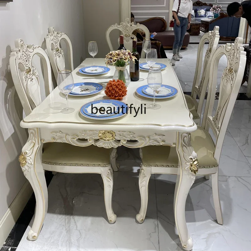 

A55 European dining table and chair combination French square table rectangular solid wood carving flower pearlescent white