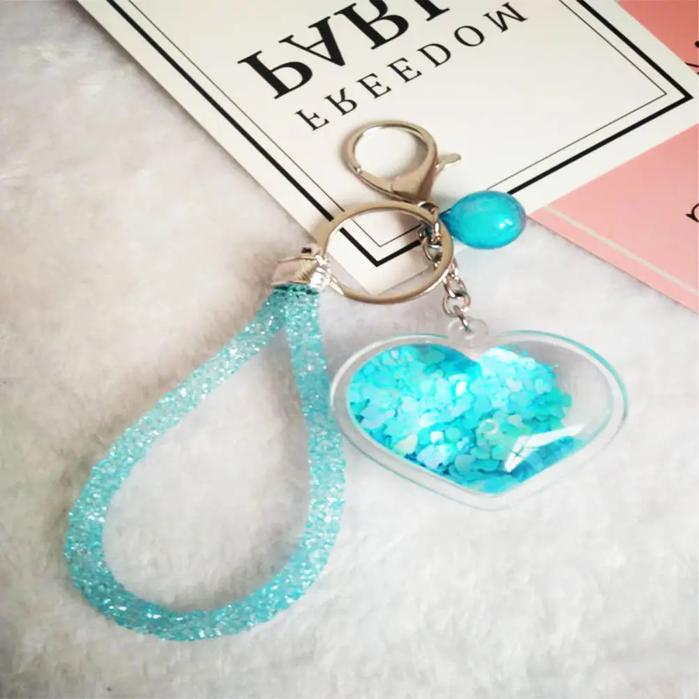 Llavero con forma de corazón de lentejuelas azul celeste, adorno brillante para bolso, soporte para llaves de coche, regalo romántico para fiestas de cumpleaños.