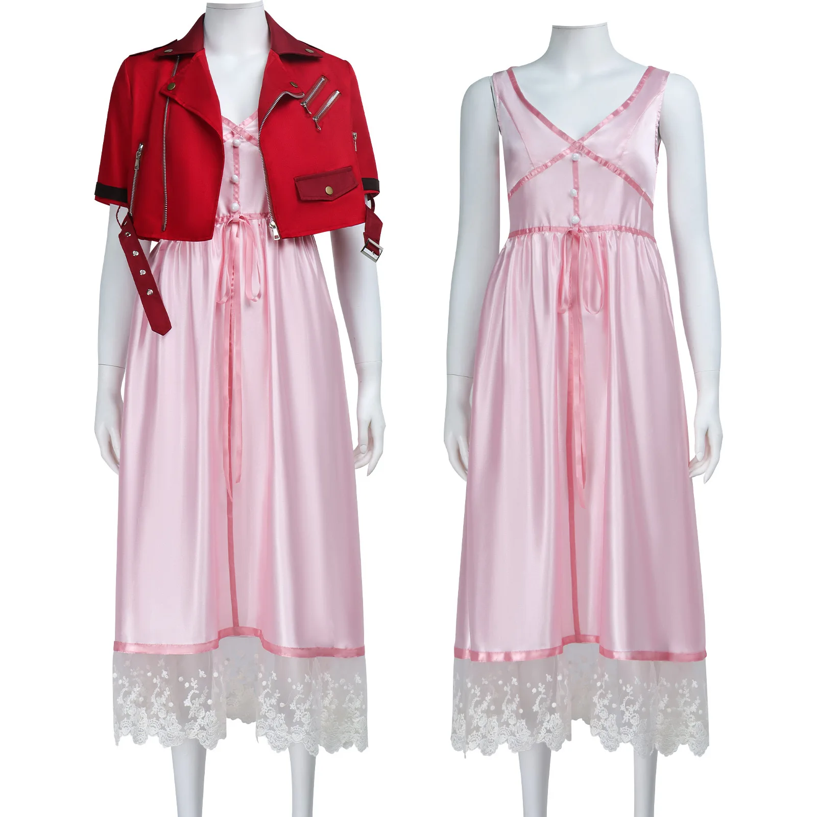 Game Heroine Cosplay-Kostüm für Frauen, rote kurze Jacke, rosa Spitzenkleid, komplettes Set für Halloween, Karneval, Rollenspiel-Party-Outfit