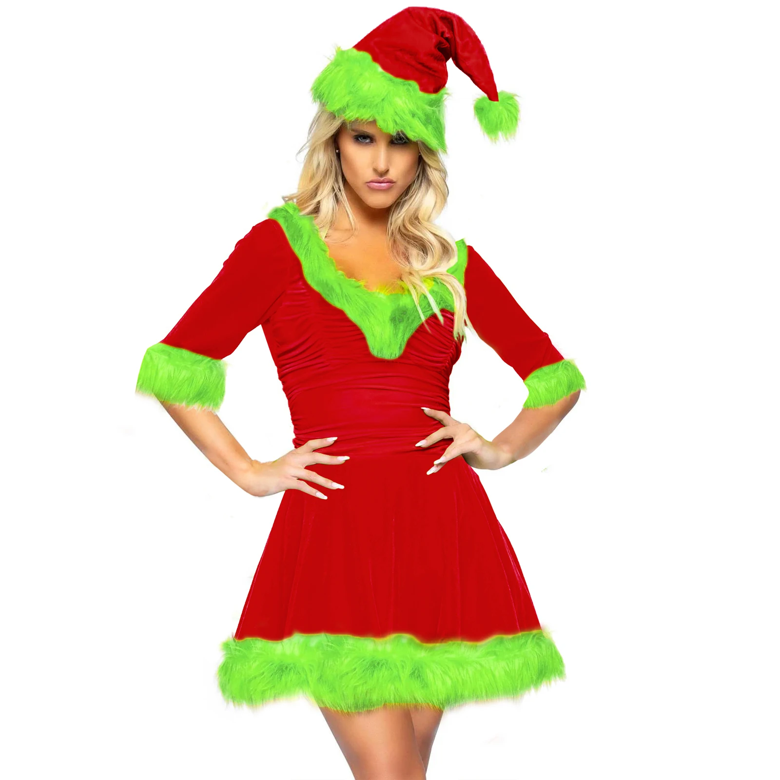 Christmas Santa Dress for Women, Plush Patchwork Half Sleeve V-Neck Classic Green Monster Costume