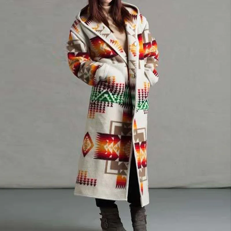 Womens  Fashion Ethnic Style Boho Printed Hooded Long Coat Loose Outwear Match Colors Plus Size S-5XL