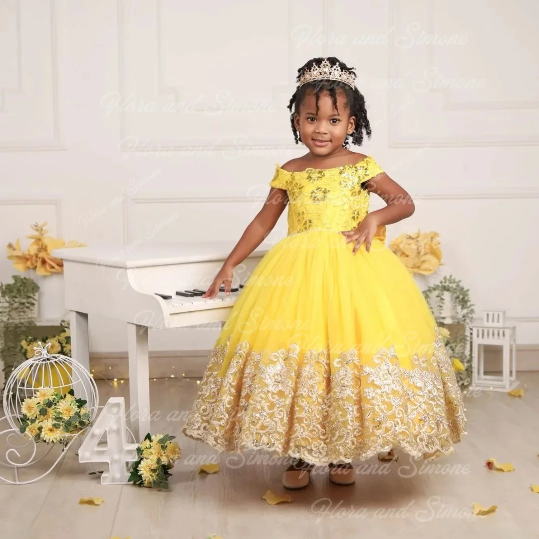 Customized Yellow Flower Girl Dress Tulle Fluffy Applique Floor-Length Kids Wedding Bridesmaid Birthday Party Ball Evening Gowns