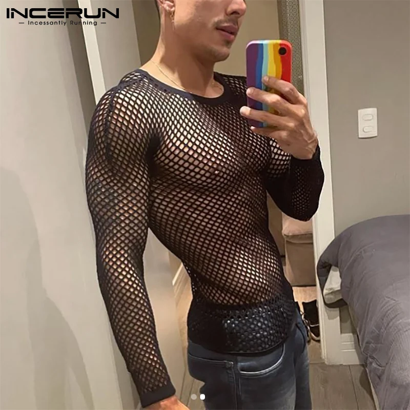 INCERUN 2024 Men T Shirt Mesh Transparent O-neck Long Sleeve T-shirts Sexy Streetwear Fashion Party Nightclub Men Clothing S-5XL