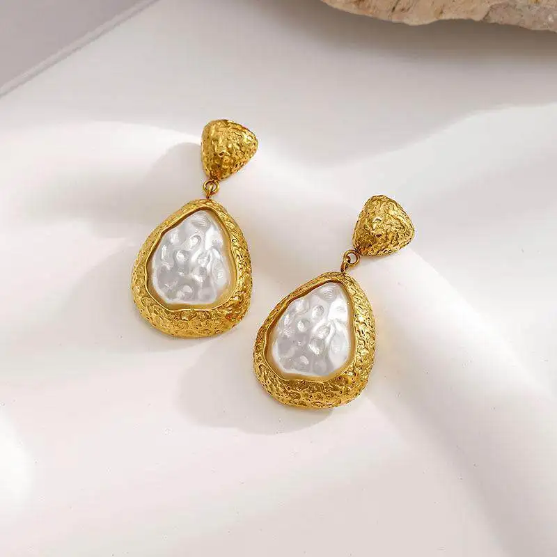 

Geometric Irregular Pearl Earrings Luxury Sensation Stainless Steel Waterdrop Dangle Earrings Cross-Border Jewelry Accessories
