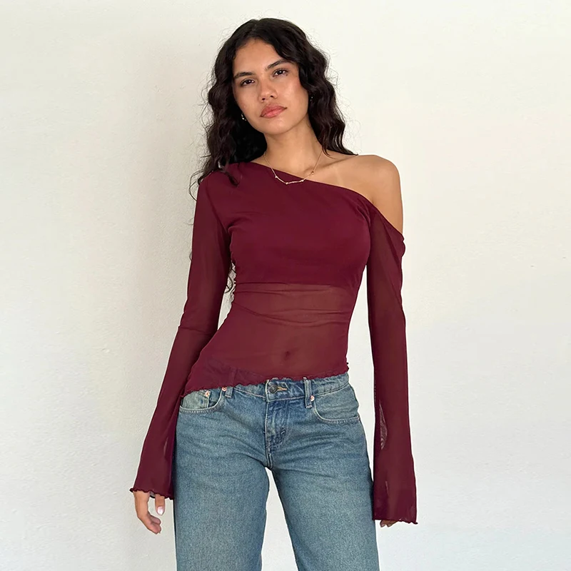 2024 New fashion style elastane casual sale shoulder gauzy off-shoulder long-sleeved t-shirt for women YJ24368SKO