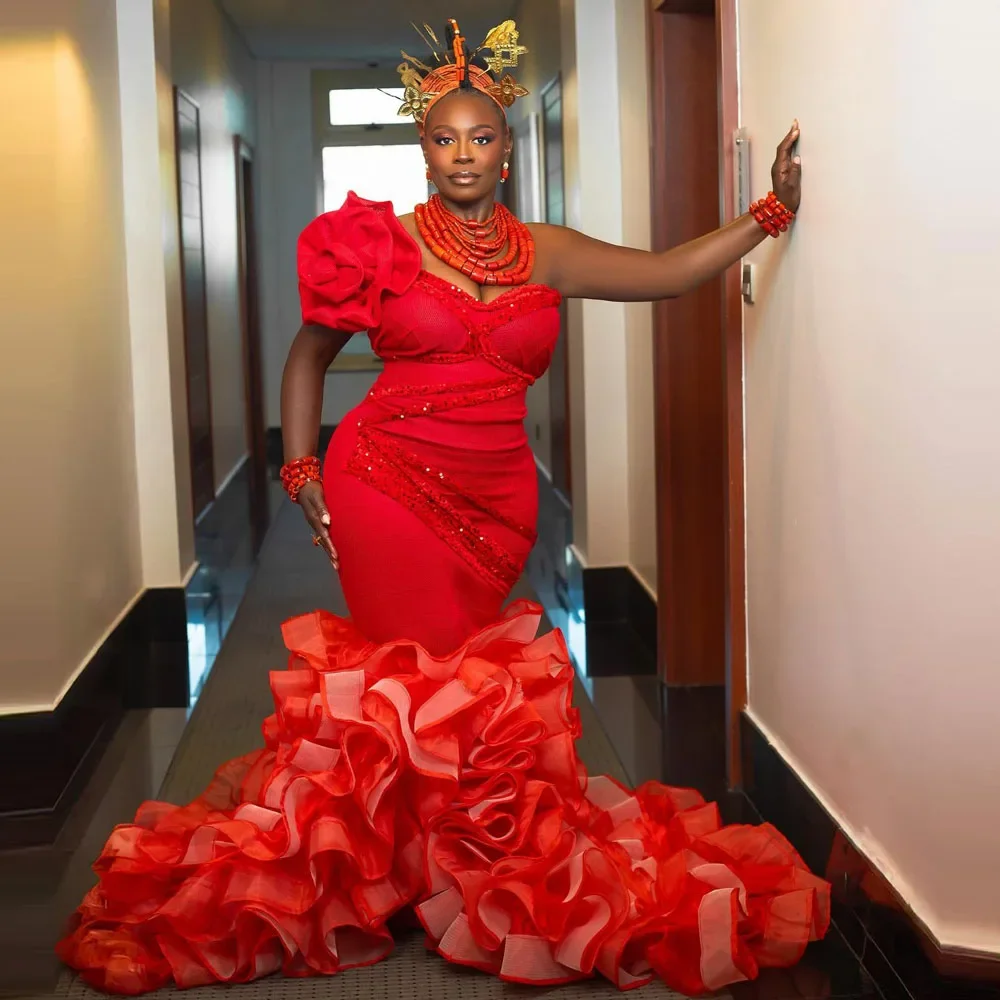 Christmas Red Mermaid Prom Dresses One Shoulder Plus Size Evening Party Gowns Ruffles Bottom African Women vestidos de noche