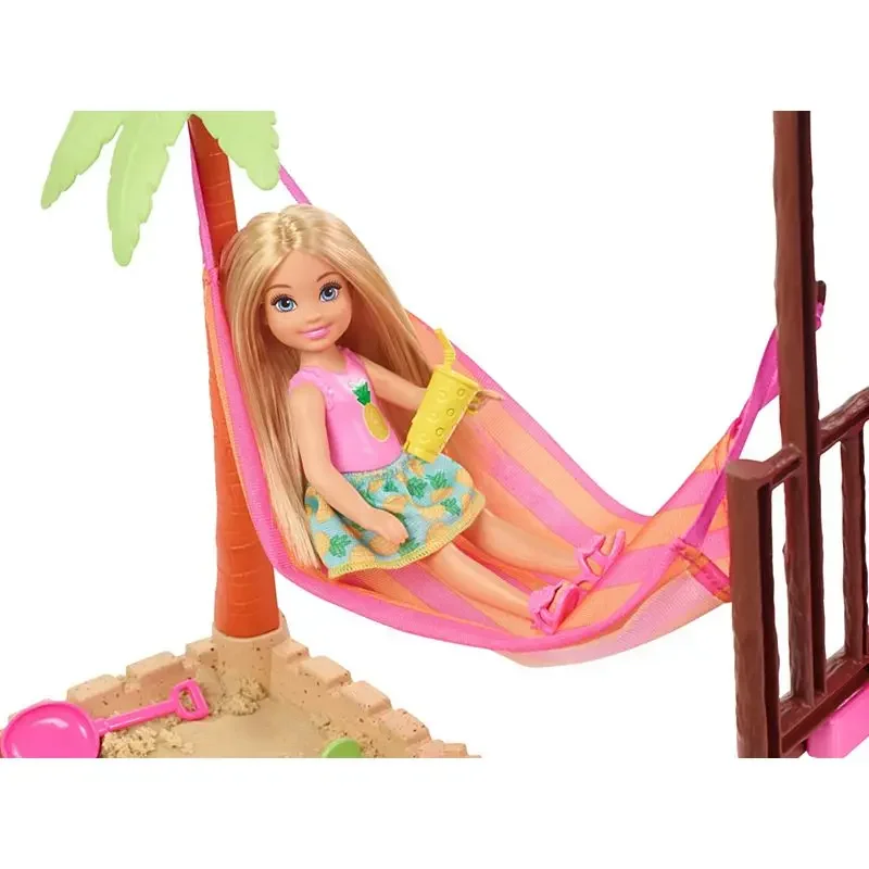 Original Barbie Chelsea Doll Beach Hut Travel Themed Playset Sand Toy Doll Accessories Girls Doll House Toys for Children Boneca