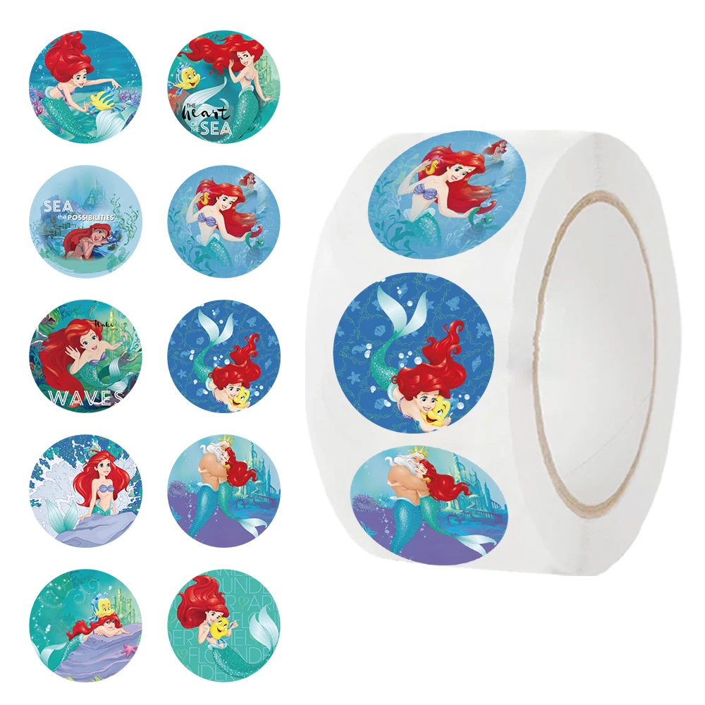 500pcs/roll Disney Mermaid Stickers Cartoon Paper Tape Stationery Suppliers Sealling Labels Luggage Suitcase Kids Toys Sticker