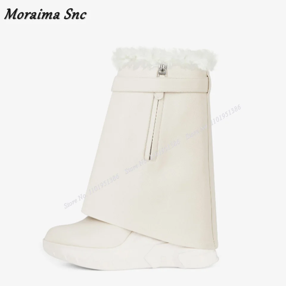 

Moraima Snc White Lock Decor Wedges Boots Thick High Heel Boots Mid Calf Round Toe Shoes for Women Heels New Zapatillas Mujer