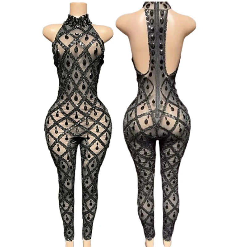 2025 Sexy Black Mesh Transparent High Elastic Sleeveless Diamond-encrusted Banquet Jumpsuit Women Dresses for Party and Wedding