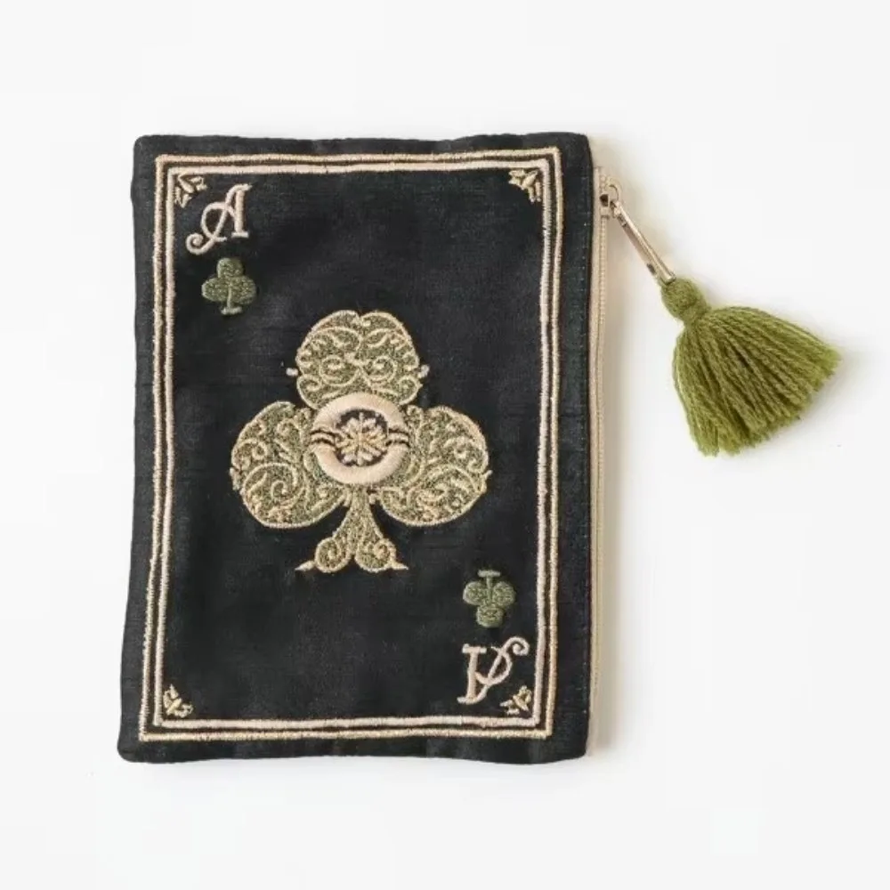 New Hand-embroidered Cosmetic Bag Ethnic Style Playing Card Pattern Change Card Bag Portable Retro Fringed Storage Bag