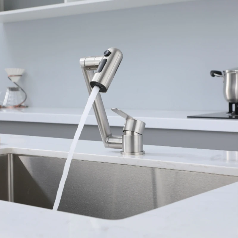 Single Hole Kitchen Sink Faucet Stainless Steel 1 Handle Hot and Cold Mixer Tap Deck Mount 3 Mode Kitchen Folding Faucet Brushed