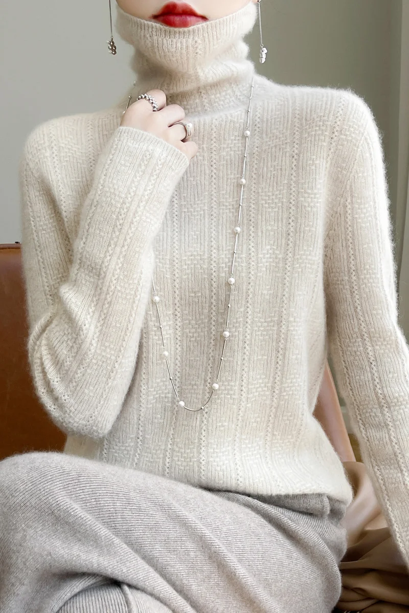 Autumn and winter new pure wool sweater women's pile high collar hollow sweater knitted loose cashmere sweater