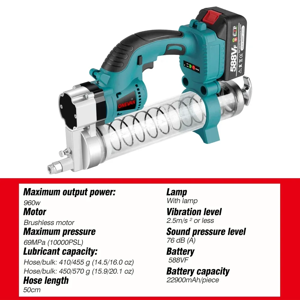 ONEVAN 69Mpa 10000PSL Electric Grease Gun Oil Injector Fat Machine Electric Grease Gun Hardware Tools For Makita 18v Battery