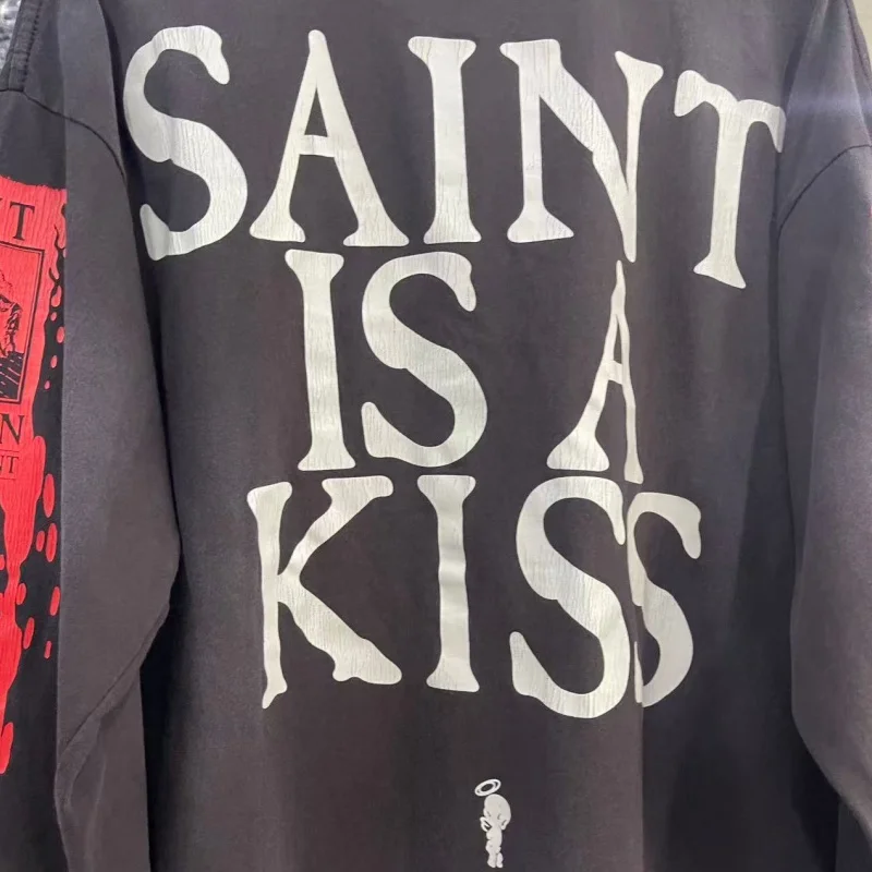 Saint T-shirt Polos Skull Throne Letter Print Washed Do Old Hole Tshirt Unisex Black Casual Long Sleeved Tee for Men and Women