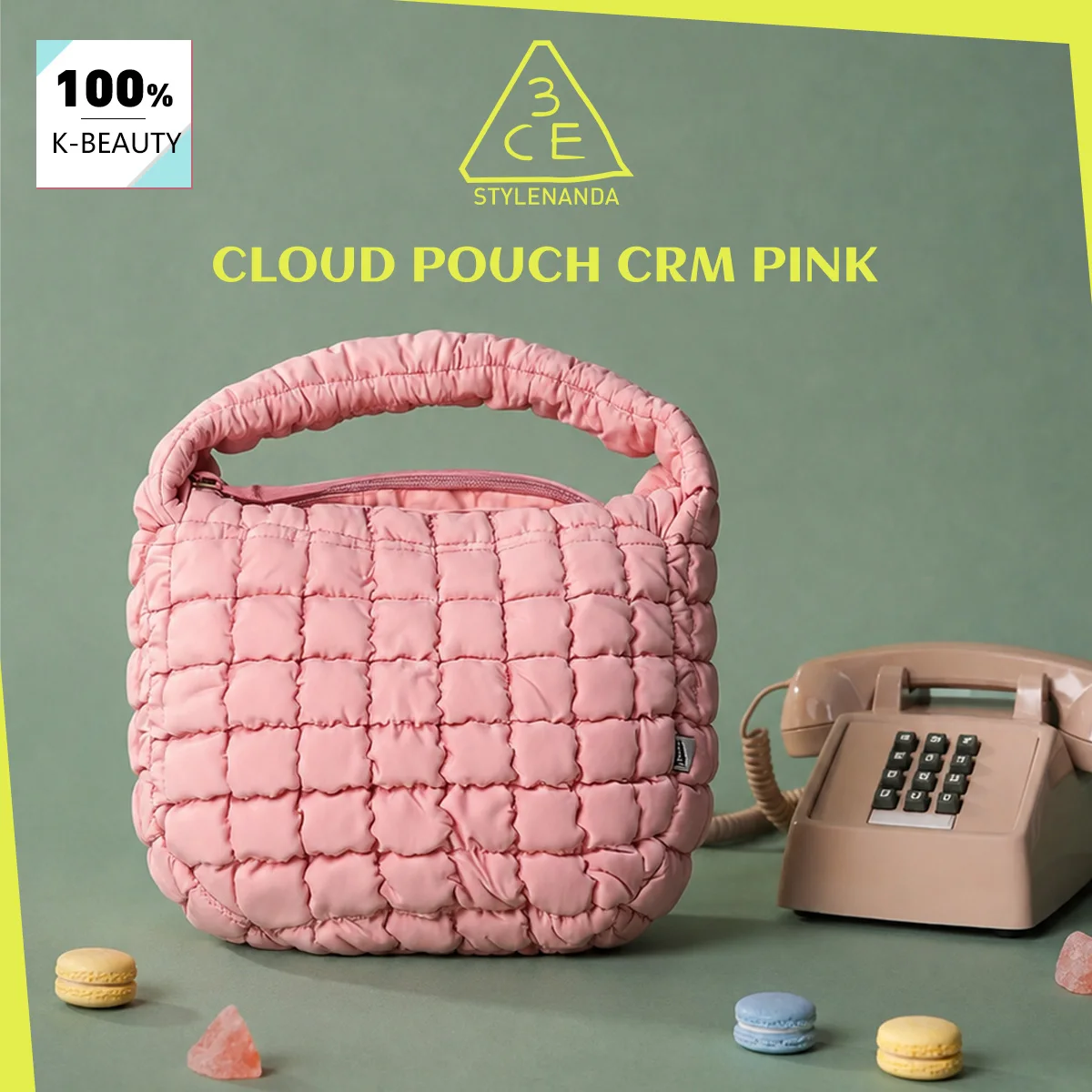 3CE Cloud Pouch CRM Pink,Airy Puff Look,Gentle Plush Touch,Velvety Grid Fabric,Squishy Soft Body,Korean Cosmetic,Korean Makeup
