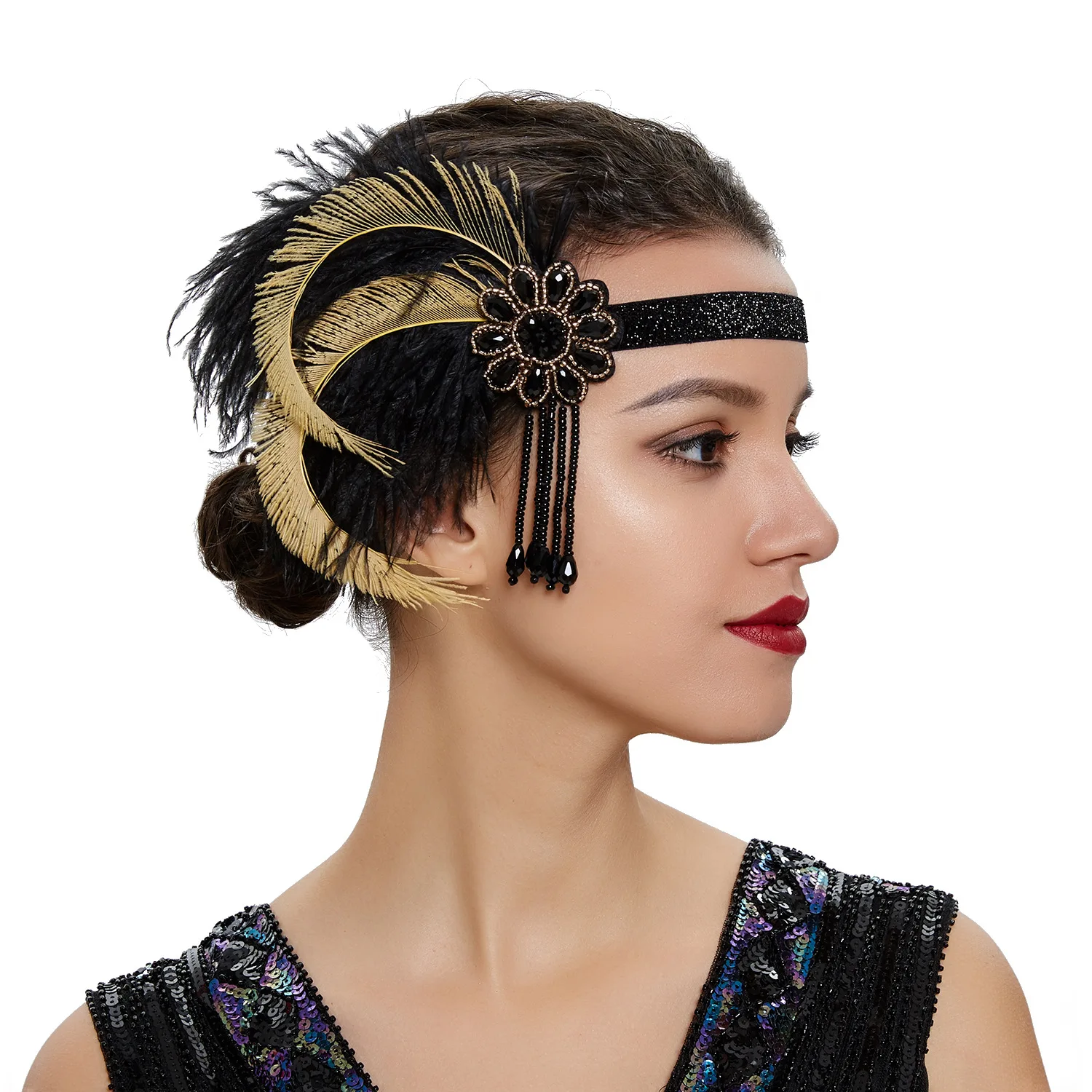 New Hair Accessories Rhinestone Beaded Hair Band 1920s Vintage Gatsby Party Charleston Headpiece Women Flapper Feather Headbands