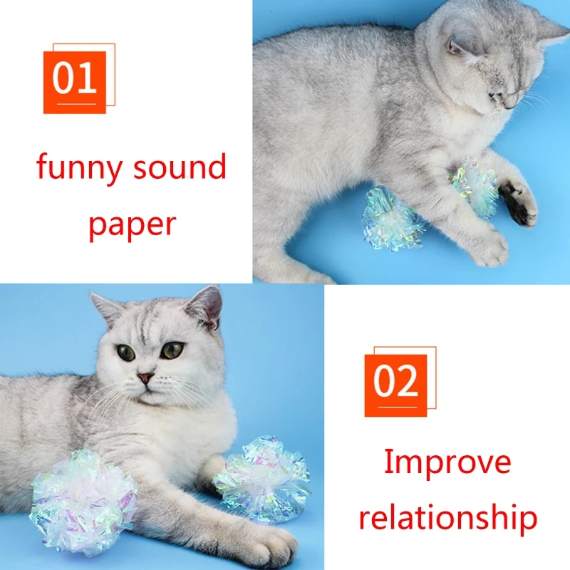 Paquete 2 bolas arrugadas coloridas para juguete gato, bola papel Mylar, sin tintes para gatitos