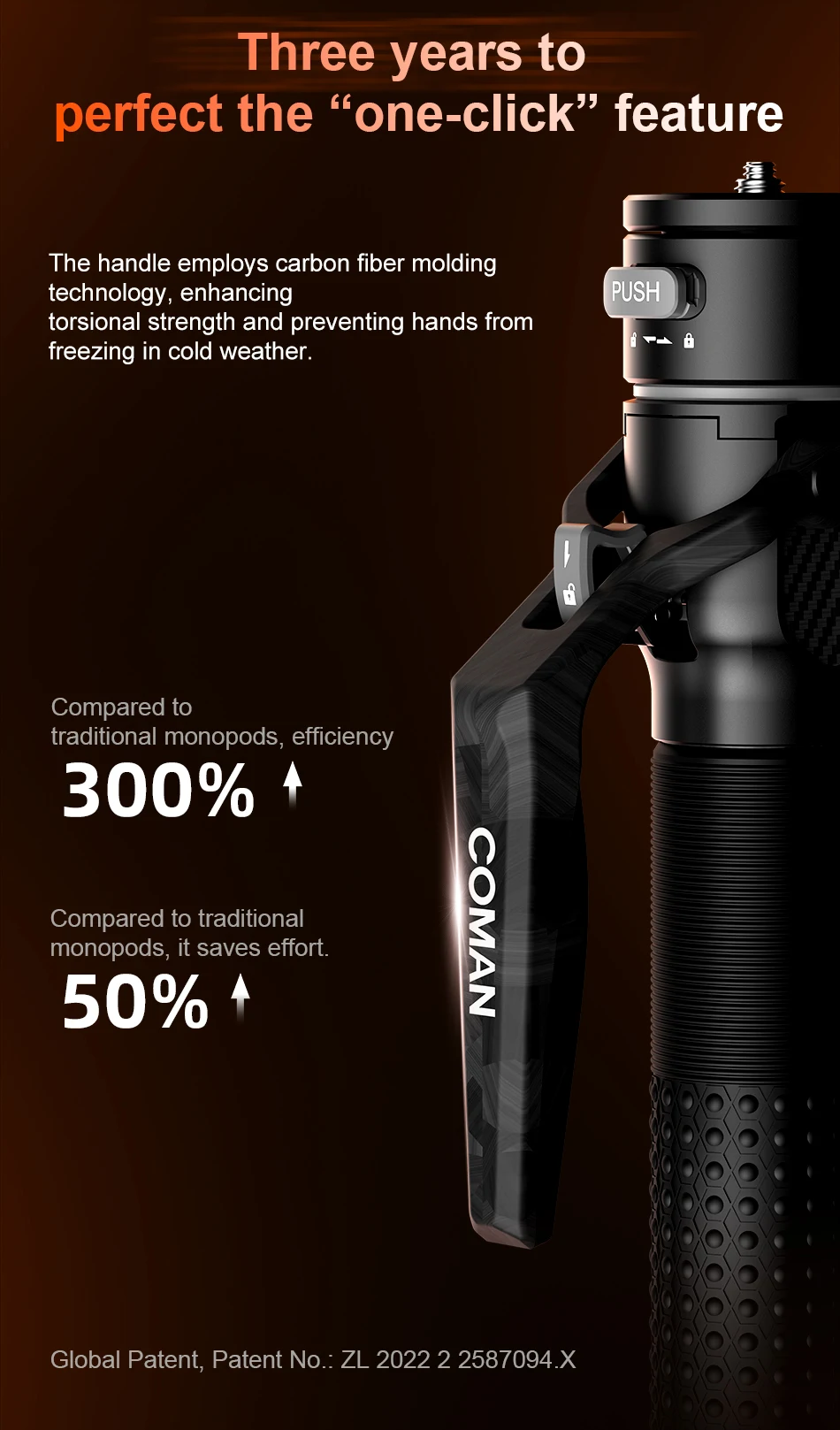 COMAN M1 Kohlefaser-Einbeinstativ mit Schnellwechselplatte für DSLR-Kameraständer, One-Click-Hebe-Reise, leichter Halter – Detail 4