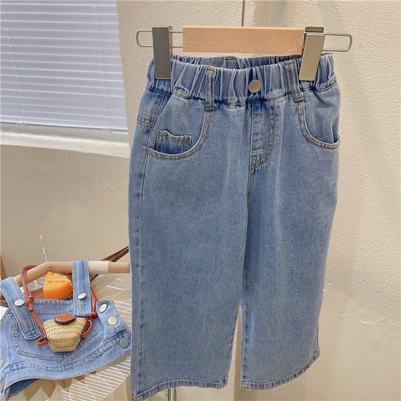 New Summer Girls\' Clothing Sets Pocket Buttons Street Denim Vest +Wide-Leg Pants Fashion Baby Kids Outfit Children Clothes Suits