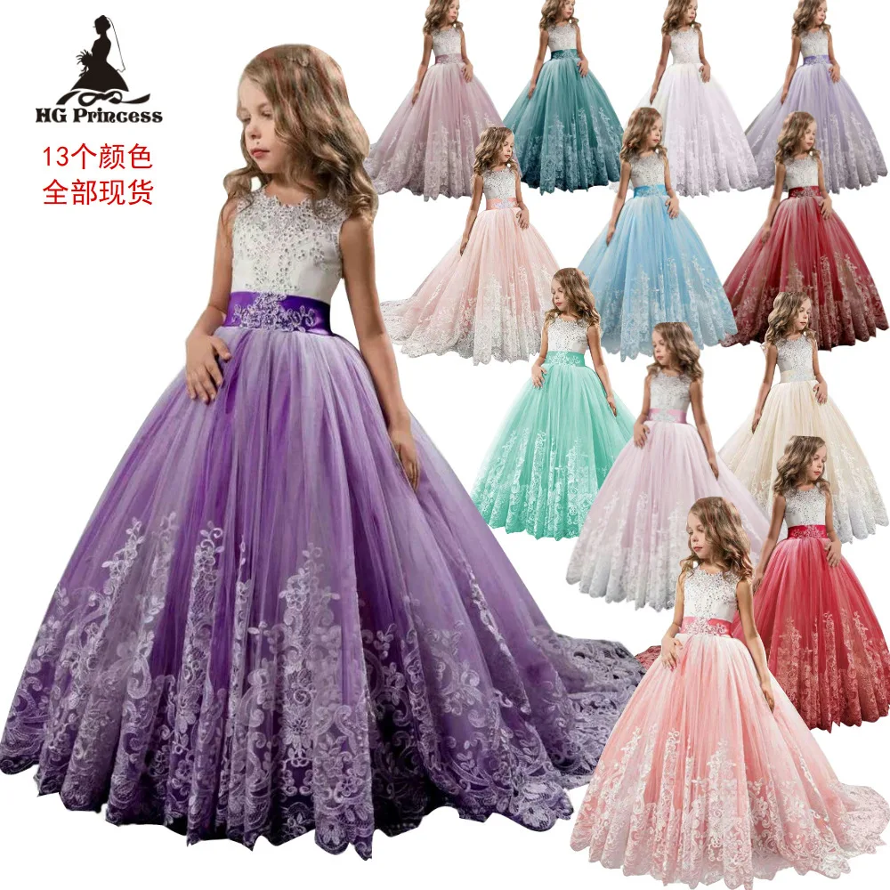 New Party Gown For Kids 2-14 Years Lace Patchwork Flower Girl Dresses Bows  First Communion Dress Tulle Ball Gowns With Trailing