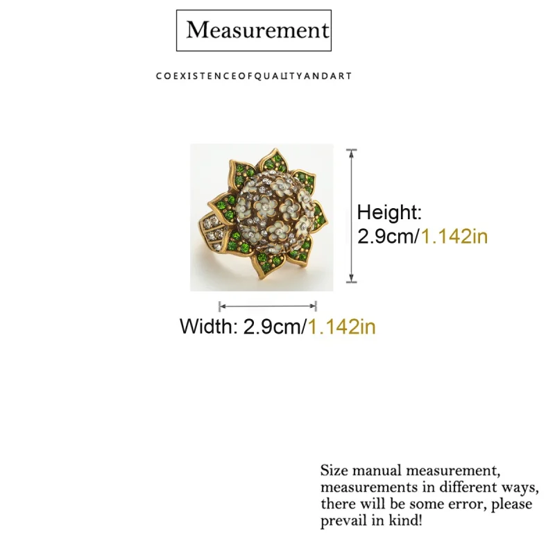 Vintage Sunflowel Flower Ring Bouquet Green Rhinestones Woman Antique Gold Color Adjustable Accessories Luxury Quality Jewelry