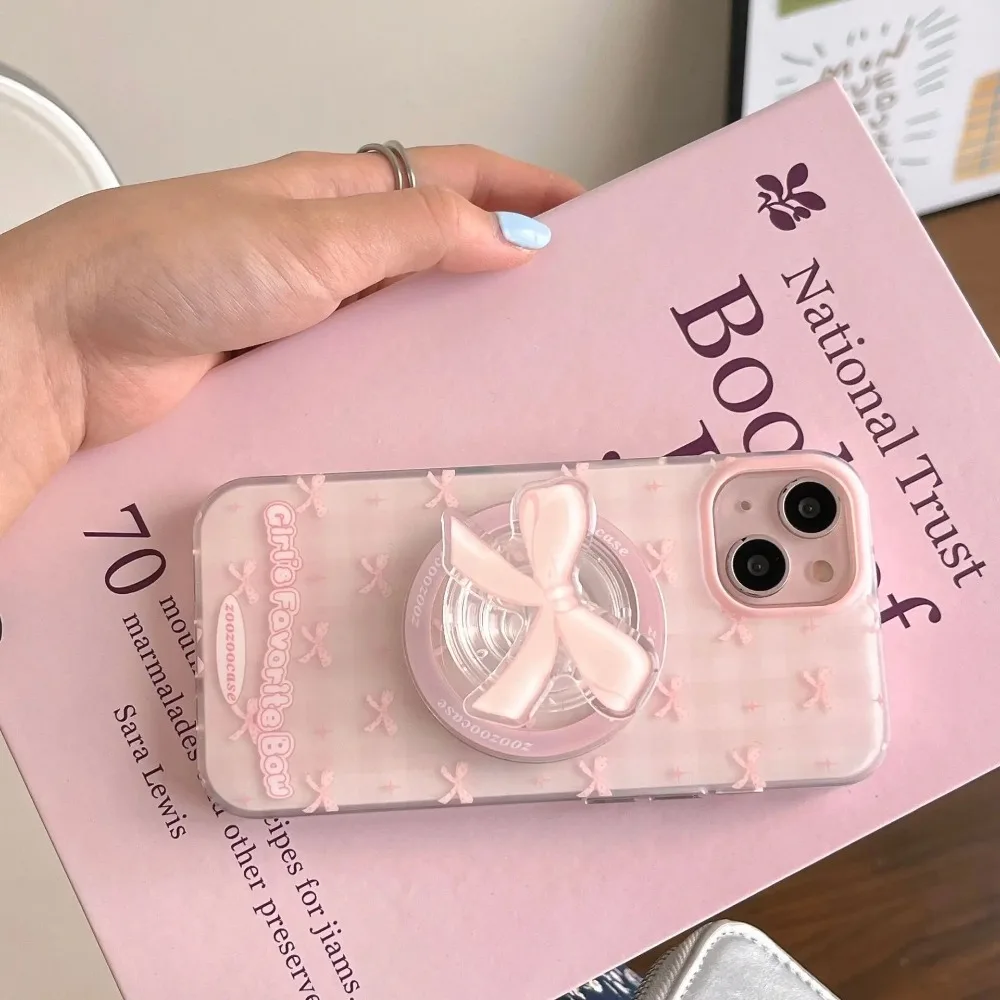 

Korean Cute Pink Ribbon Bow Magnetic Phone Holder Grip Tok Griptok Phone Stand Bracket Support for iPhone 17 16 15 14 Smart Tok