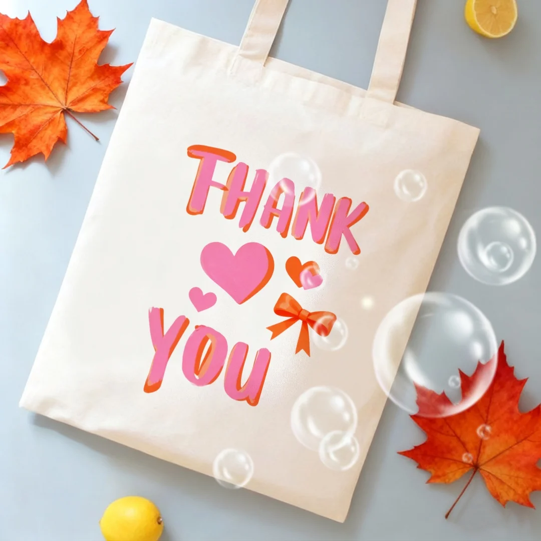1pc Large 'Thank You Love' Heart Print Tote Bag - Romantic Couple Design Foldable And Machine Washable Canvas Reusable Grocery B