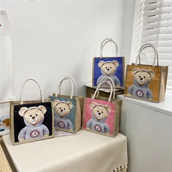 Portable Canvas Women Cute Bear Handbag Soft Plush Tote Simple Cloth Shopper Printing Bear Eco Shoulder Bag Purses for Girls